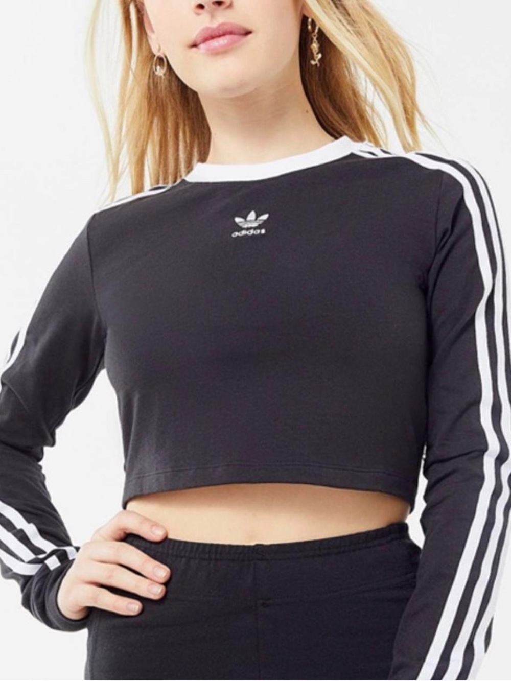 Adidas Originals Cropped Long Sleeve Top Black 3-Stripes Trefoil Y2K Large